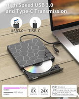 ASHDOL Unidad externa de CD y DVD, 8 en 1 USB 3.0 y lector de disco...