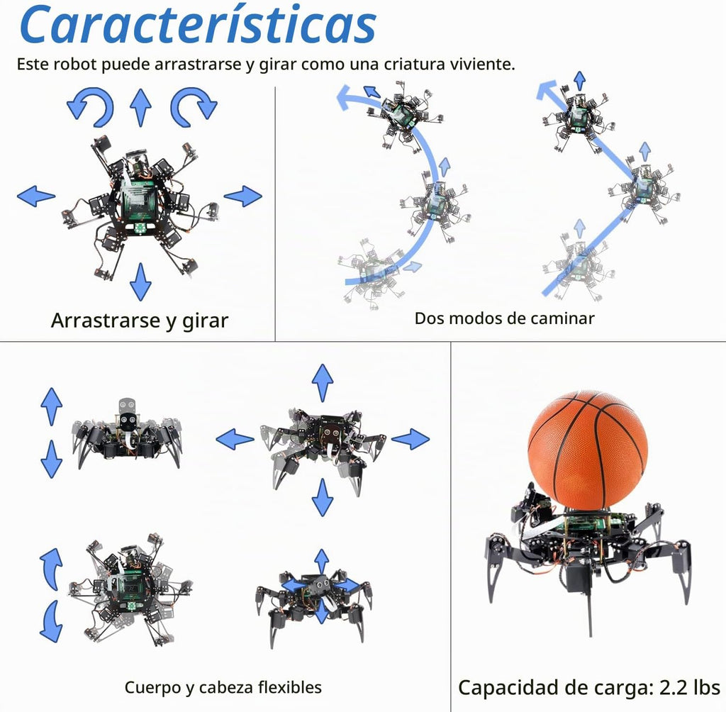 Freenove Kit de Robot Hexápodo Grande para Raspberry Pi 5 4 B 3 B+ Zero 2 W, Caminata, Autoequilibrio, Reconocimiento Facial, Medición Ultrasónica, Control por Aplicación, Cámara, Servo (Raspberry Pi