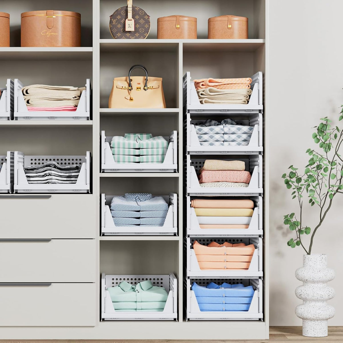 Paquete de 5 Cestas Apilables para Almacenamiento en Closet - Contenedores de Almacenamiento Apilables