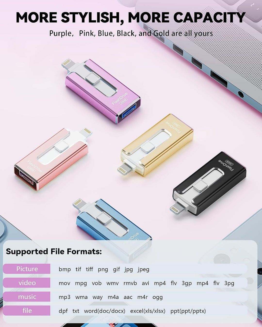 Unidad flash con certificación MFi para iPhone iPad de 256 GB, barr...