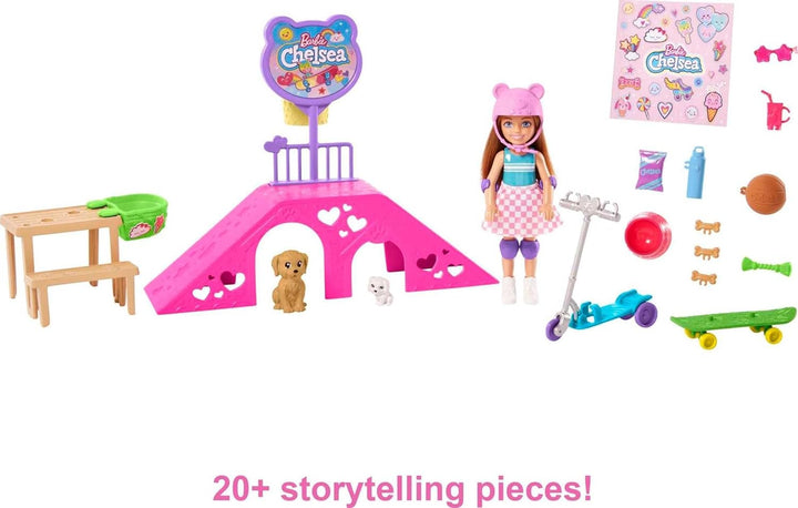 Barbie - Set de juego de muñeca Chelsea y parque de patinaje con 2...