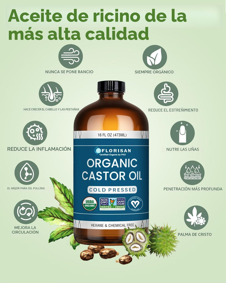 Florisan Aceite de ricino orgánico botella de vidrio de 16 onzas, p...
