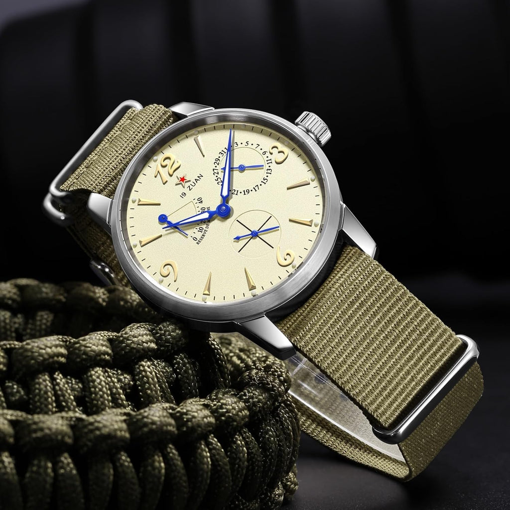 SEAKOSS Reloj piloto vintage inspirado en 1963 de 1.575 in para hombre, reloj de pulsera mecánico automático con movimiento Seagull ST1780, indicador de reserva de marcha, visualización de la fecha