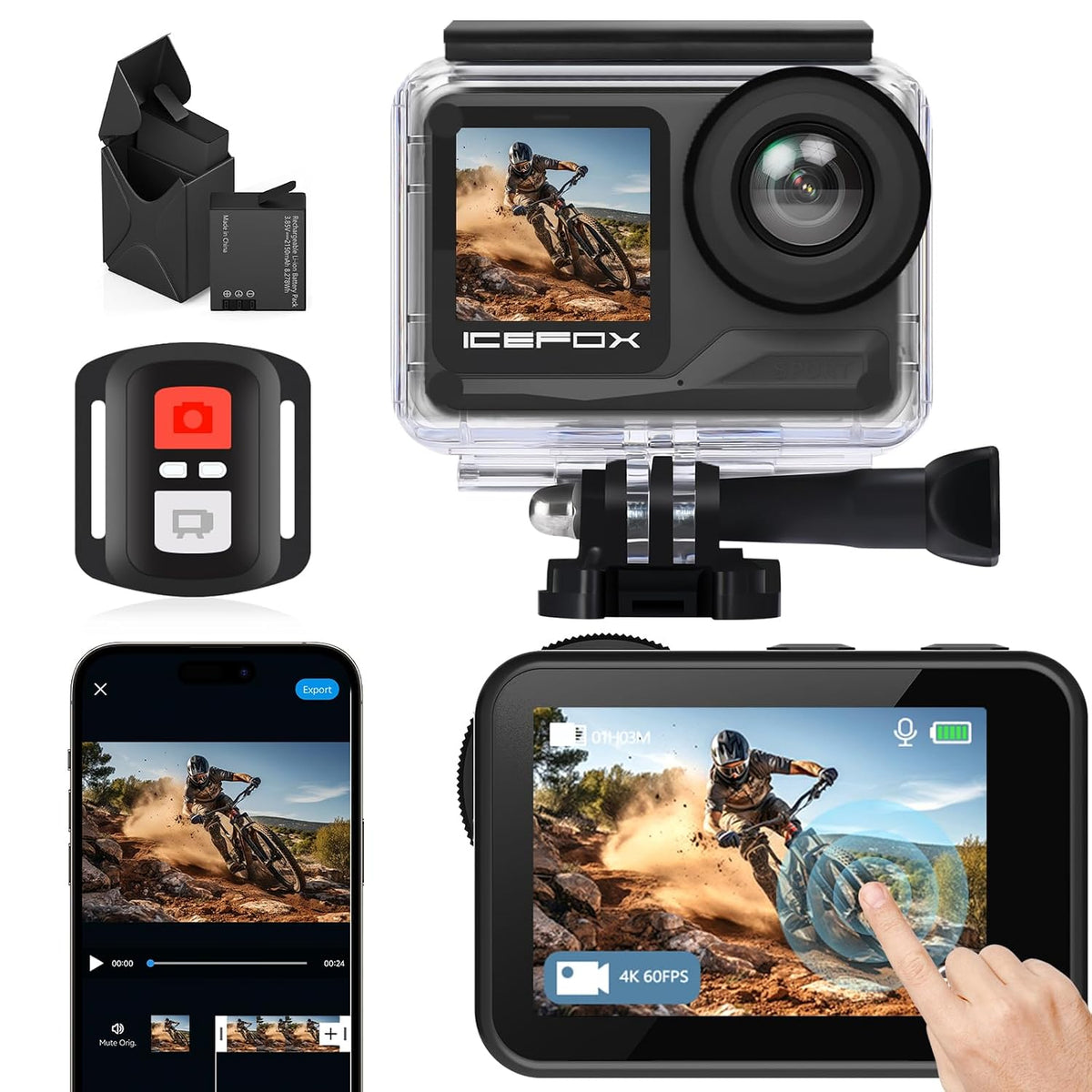 icefox Cámara de acción 4K 60FPS 20MP con 2 baterías de 2150 mAh, cámara subacuática con zoom 5X, EIS, alimentada por la aplicación Snappro, compatible con edición de video y fotos, impermeable