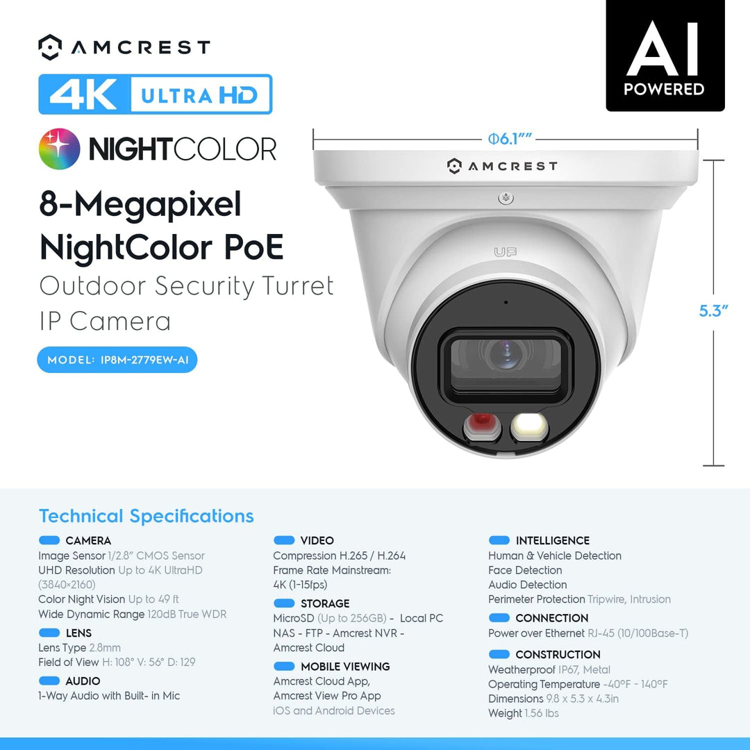 Amcrest Cámara IP PoE AI UltraHD 4K (8MP), color nocturno de 49 pie...