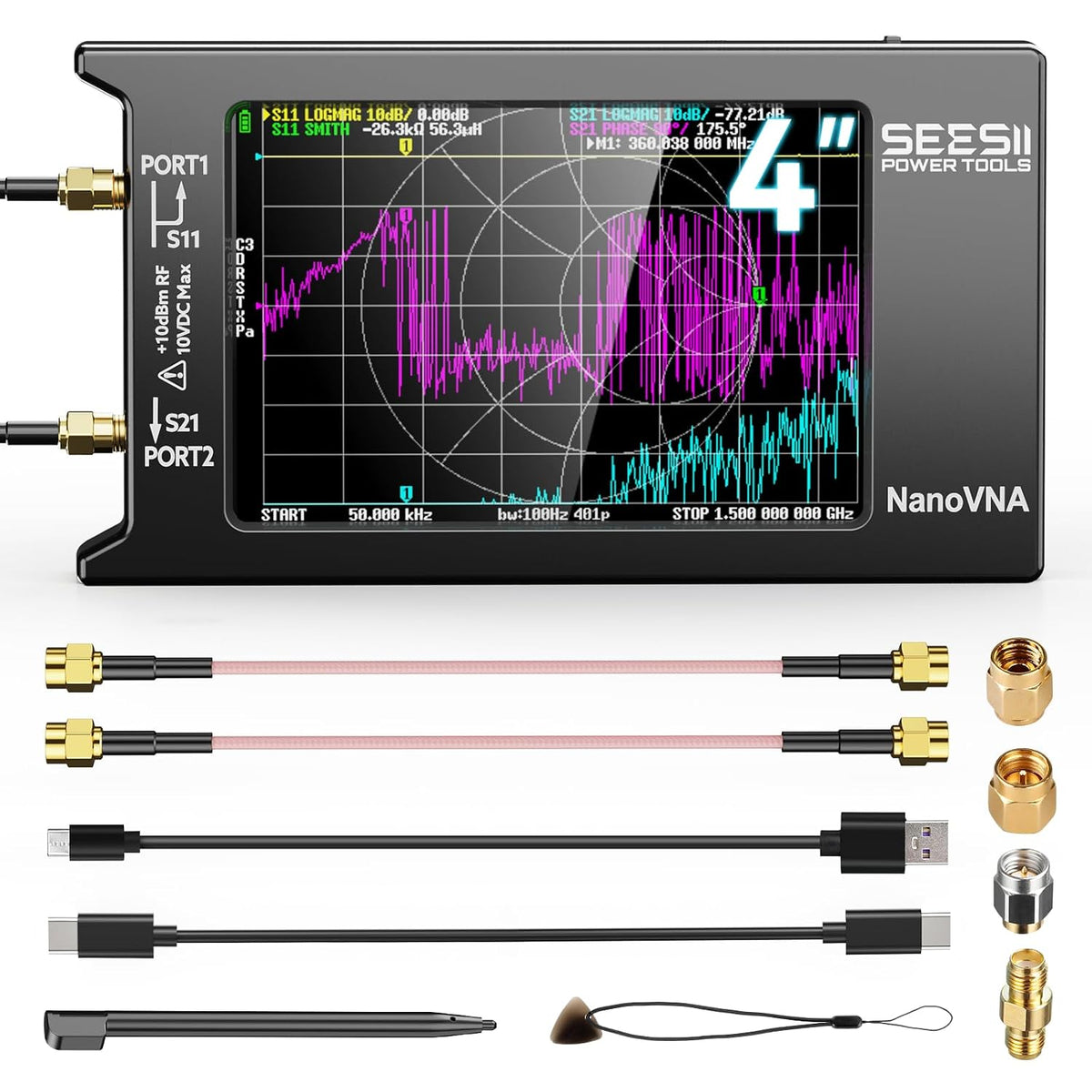 SEESII Analizador de Red Vector NanoVNA-H4 Actualizado, Última versión V4.4 9 kHz-1.5 GHz HF VHF UHF, Pantalla Táctil de 4", Analizador de Antenas VNA, Mide S-Parameters, Voltage Standing Wave Ratio, Fase, Retraso, Gráfico de Smith