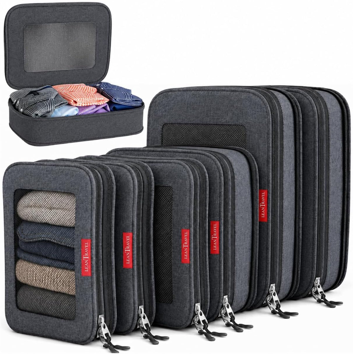 LeanTravel Cubos de embalaje de compresión de alta calidad para viajes, bolsas organizadoras de maleta con doble cremallera y panel de malla transpirable, artículos esenciales para equipaje de mano