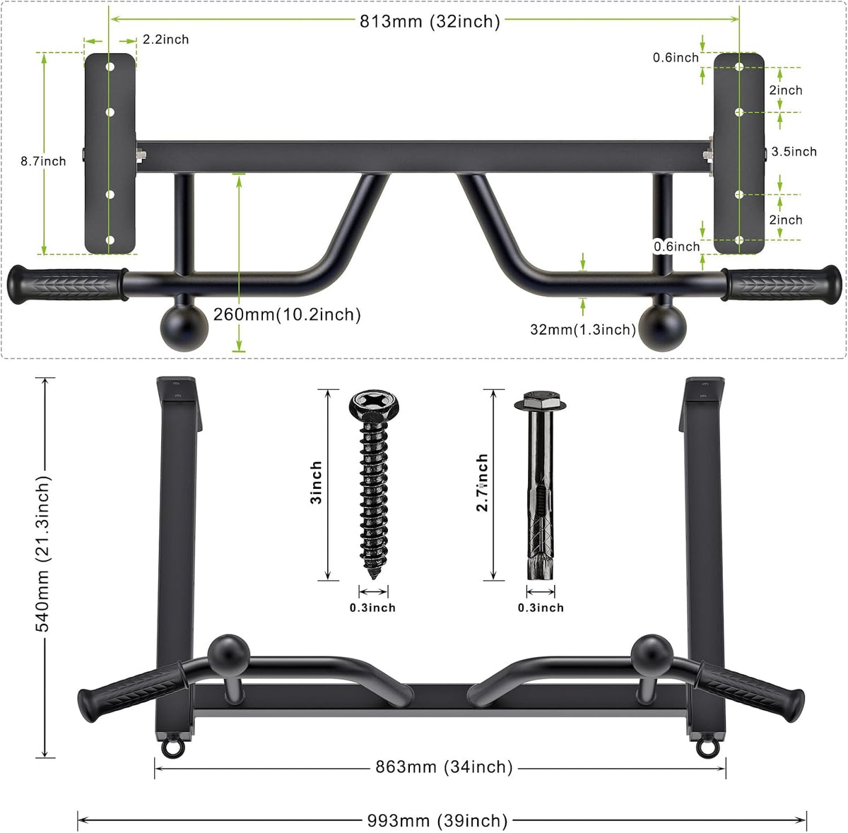 Kipika 32" Barra de tracción de techo montada - Muy duradera, Altamente ajustable, Barra de dominadas multifuncional - Sistema de gimnasio en casa con colgador para bolsa de golpe y entrenamiento con bandas de resistencia