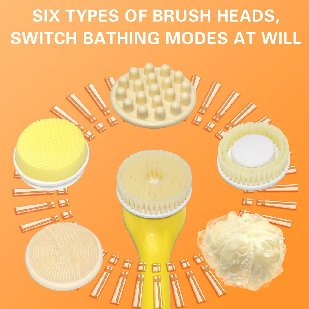 Juego de cepillos eléctricos para ducha, cepillo de baño exfoliante de mango largo para aplicador de loción de ducha para la espalda, limpiador corporal de silicona con 6 cabezales de cepillo de ducha