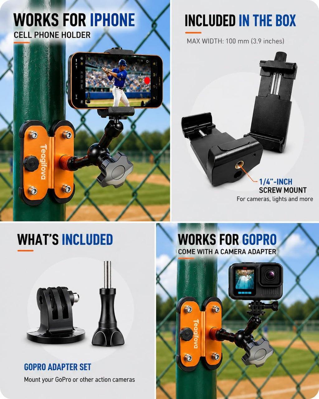Soporte magnético para cámara para kit de transmisión Gamechanger - Soporte de valla doble de 1/4 pulgadas compatible con Mevo Start, GoPro, iPhone y cámaras de acción, perfecto para campo