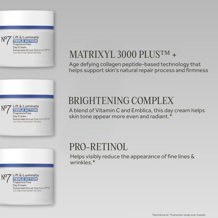 No7 Lift &amp; Luminate Crema facial de triple acción, sin fraganci...