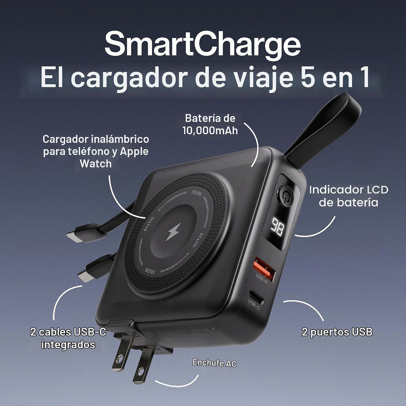 Statik SmartCharge (Gen 2) - Cargador de viaje 5 en 1, enchufe de p...