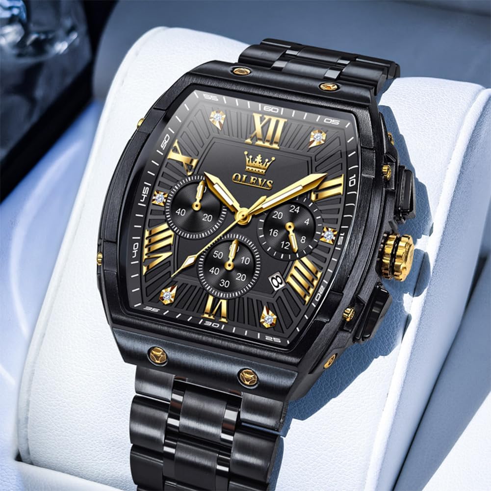 OLEVS Reloj para Hombres Analógico Cuarzo Lujo Diamante Resistente al Agua Cronógrafo Acero Inoxidable Carita Grande Cuadrado Fecha Fase Lunar Romano Relojes de Vestir para Hombres