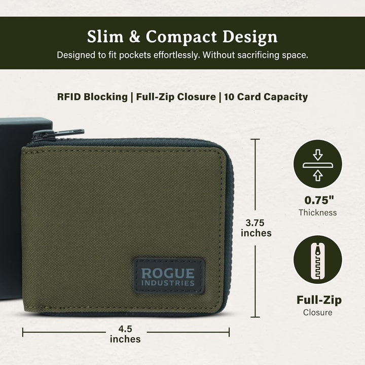ROGUE WALLET Cartera de nailon con cremallera, Caqui