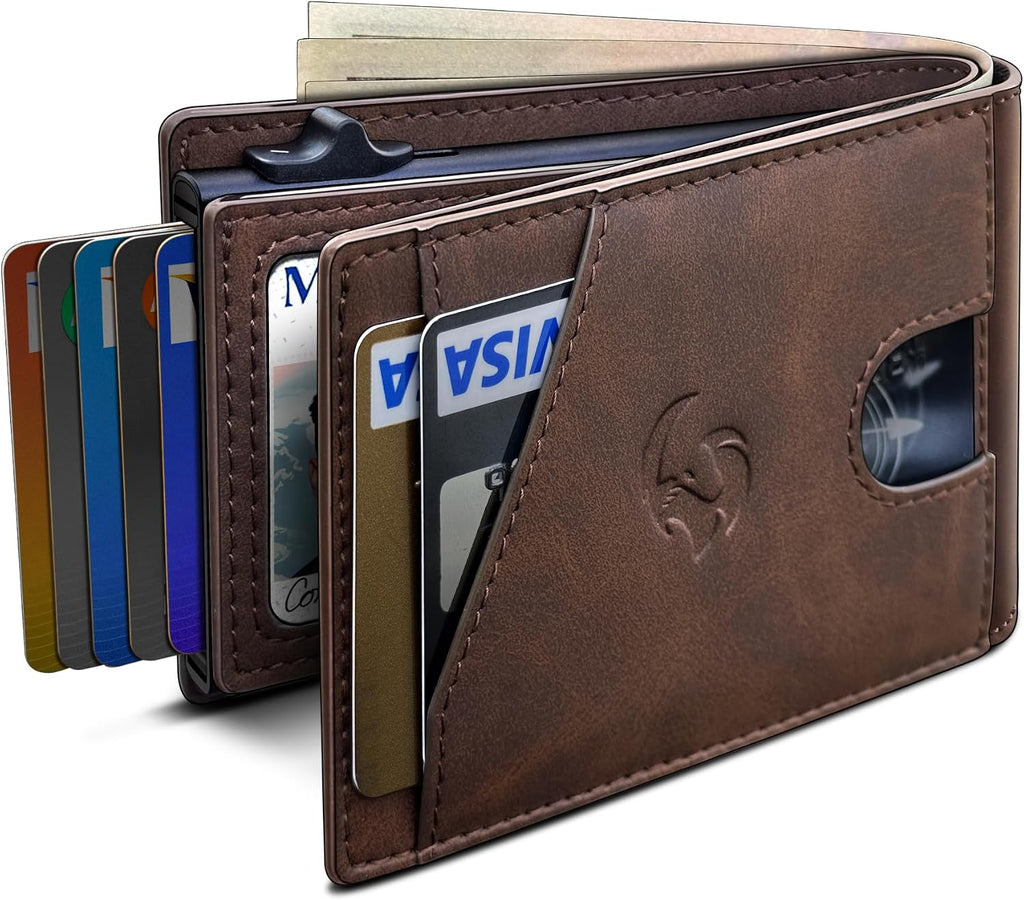 Cartera para hombre, tarjetero desplegable delgado con bloqueo RFID, billetera plegable minimalista con 9 ranuras para tarjetas, ventana de identificación y bolsillo para efectivo, funda de