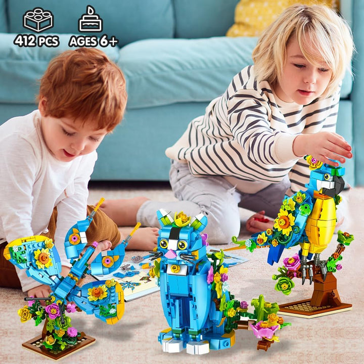Juego de construcción 3 en 1 diseño de flores gatos loros
