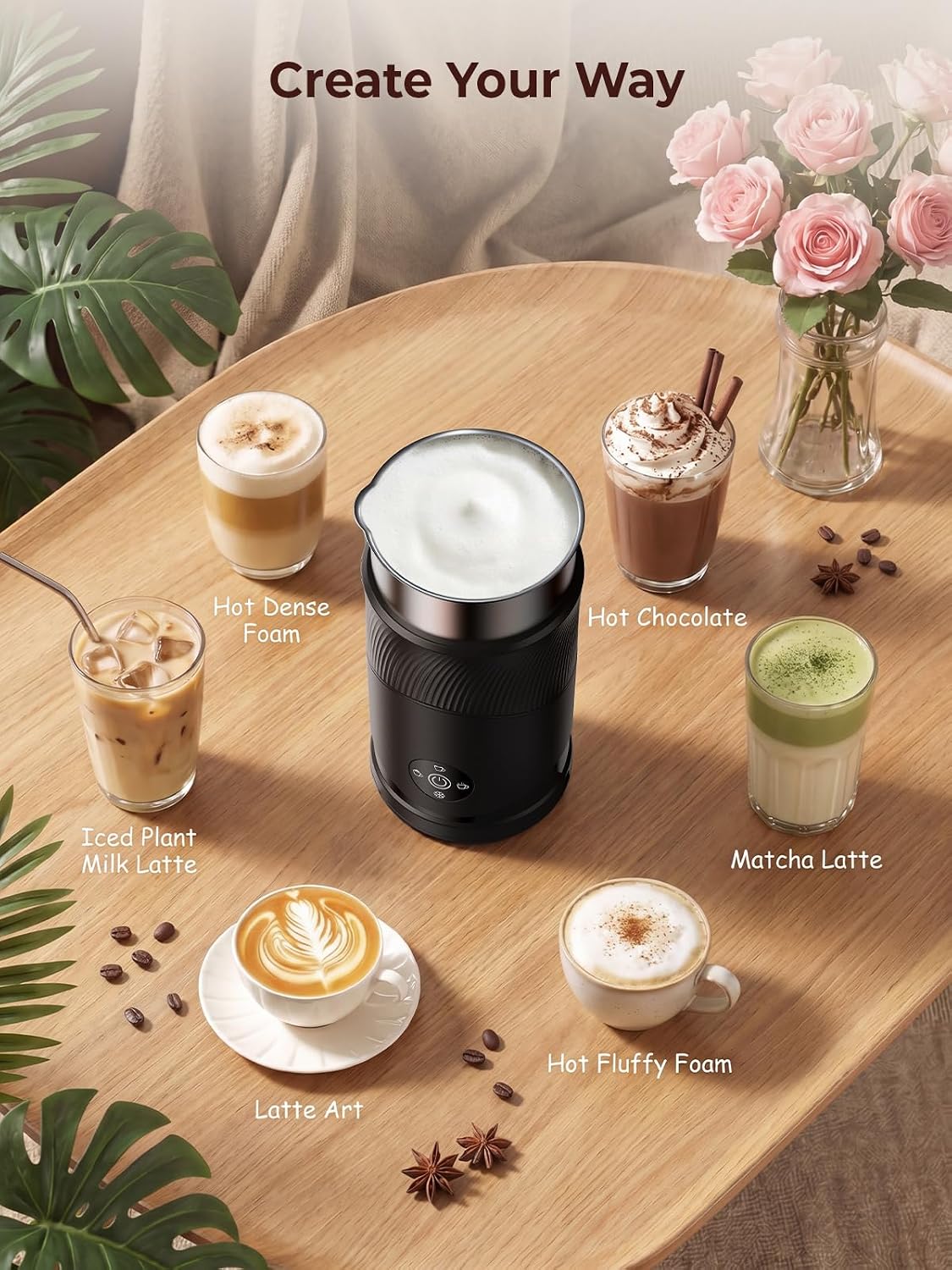 Vaporizador de leche eléctrico 4 en 1: Espumador de leche de gran capacidad 11.8 fl oz, espuma rápida de 7700 RPM en 120 segundos, calentador de espuma fría y caliente, acero inoxidable