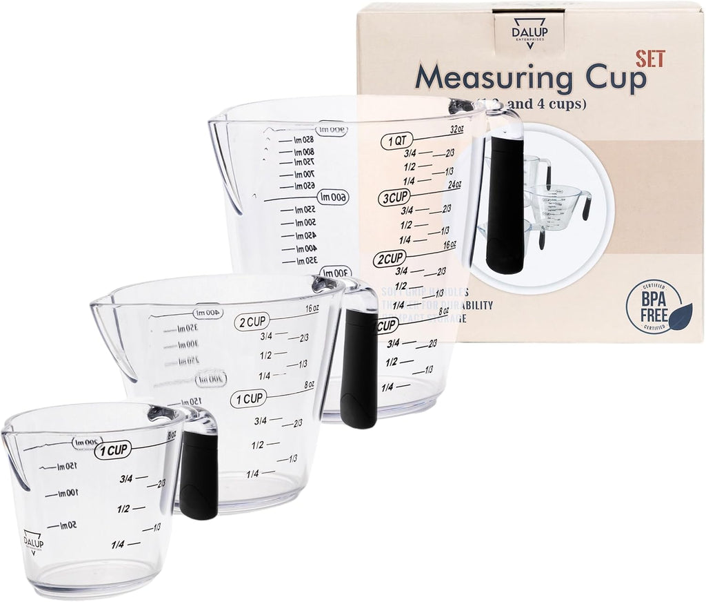Dalup Juego de Tazas Medidoras – Tazas Medidoras de Plástico Transparente para Líquidos (8/16/32 oz) con Busque y Asa Antideslizante | Juego de 3 Tazas Medidoras de Plástico para Líquidos y Ingredientes Secos