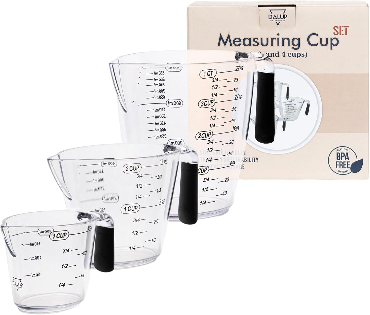 Dalup Juego de Tazas Medidoras – Tazas Medidoras de Plástico Transparente para Líquidos (8/16/32 oz) con Busque y Asa Antideslizante | Juego de 3 Tazas Medidoras de Plástico para Líquidos y Ingredientes Secos