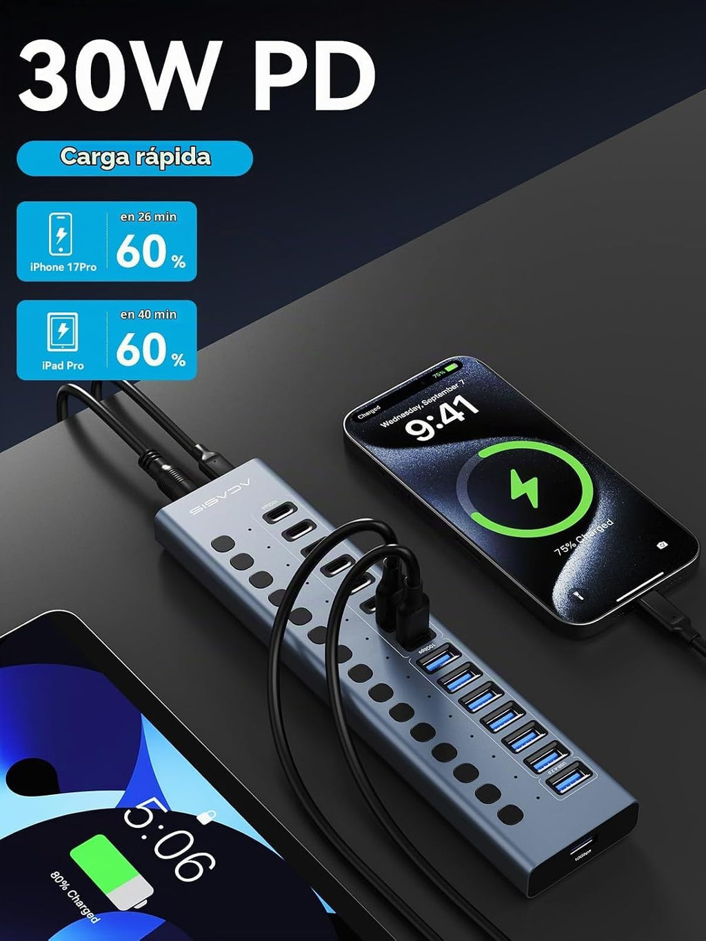 ACASIS, hub USB 3.2 de 8 puertos, alimentado
