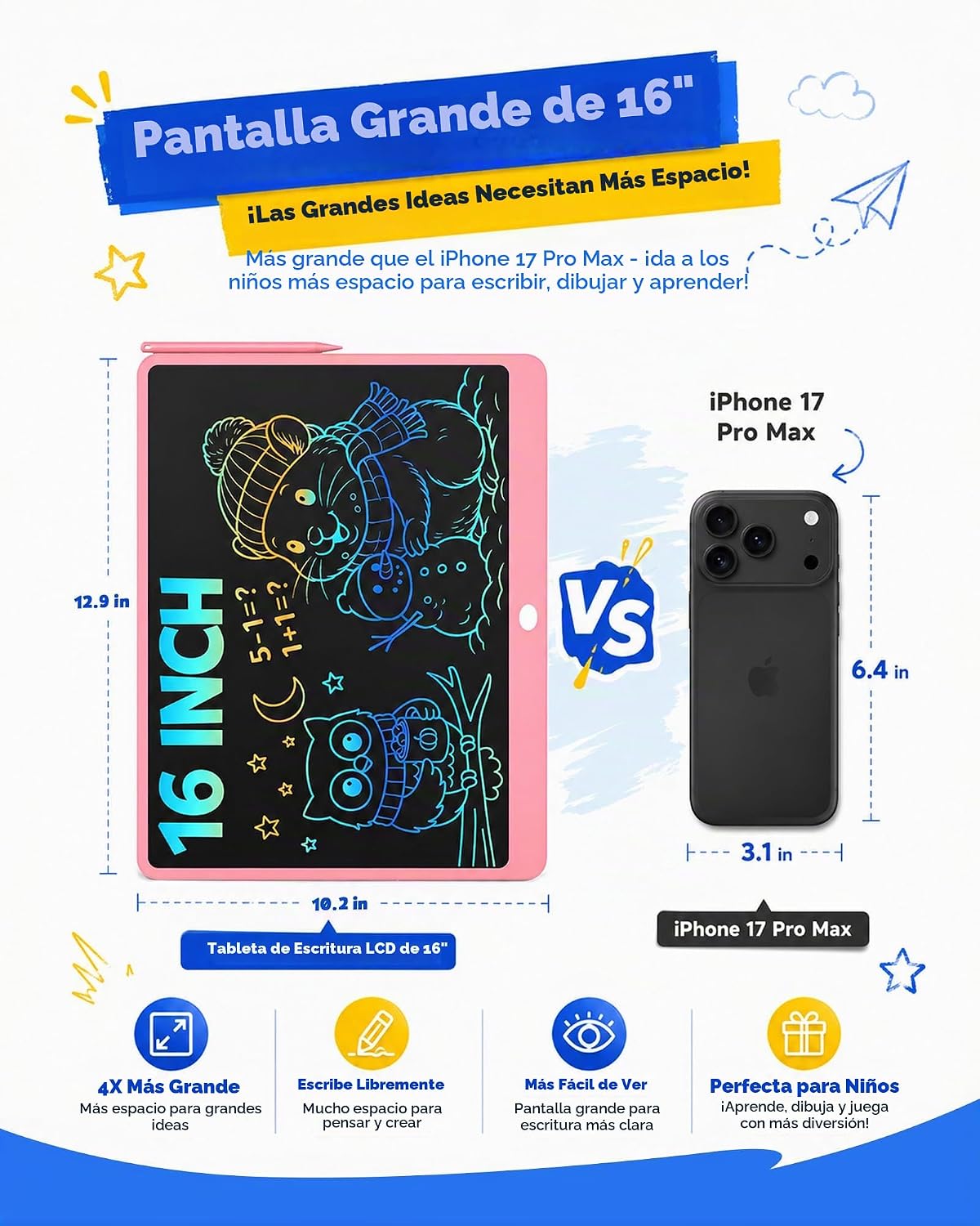 Tableta de escritura LCD para niños, tablero de dibujo digital extragrande y pizarra blanca de aprendizaje, almohadilla de escritura reutilizable para dibujar, matemáticas, ortografía, regalo