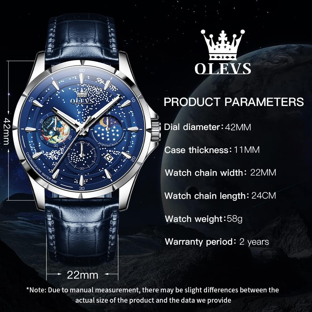 Reloj para Hombre OLEVS Esfera Cielo Estrellado Fase Lunar Lujo Negocios Analógico Cuarzo Clásico Casual Fecha Resistente al Agua Luminoso