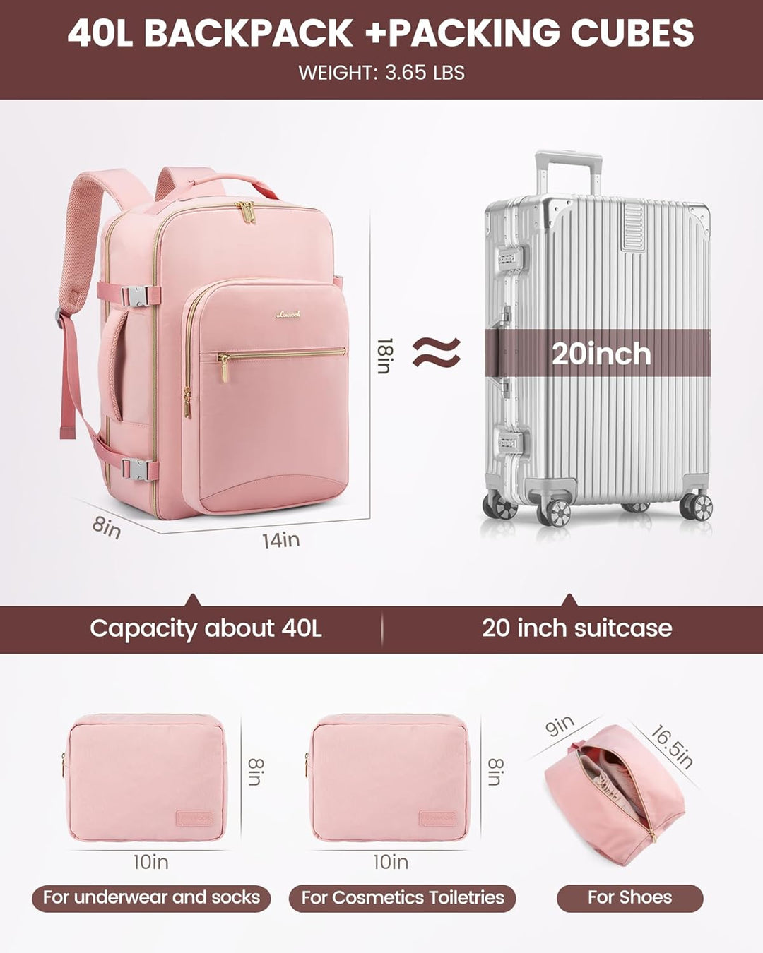 LOVEVOOK Mochila de viaje para mujeres y hombres, 40L, aprobada por...