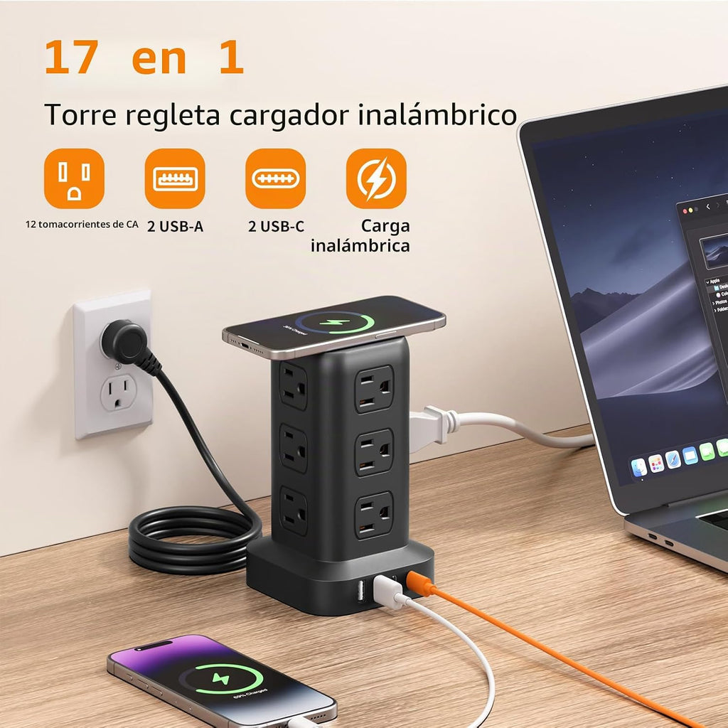 SMALLRT - Cable de extensión con múltiples tomas, torre de regleta de alimentación con protector de sobretensiones, extensor de salida de 10 pies con 12 salidas de CA, 4 USB, regleta de alimentación