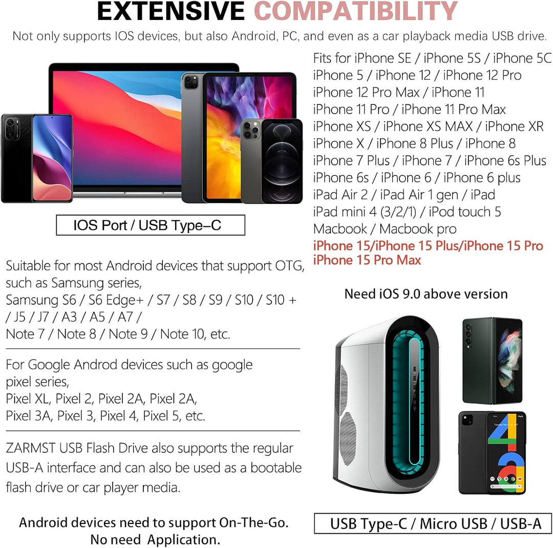 Unidad flash para iPhone 256GB, 4 en 1 memoria USB tipo C, memoria...