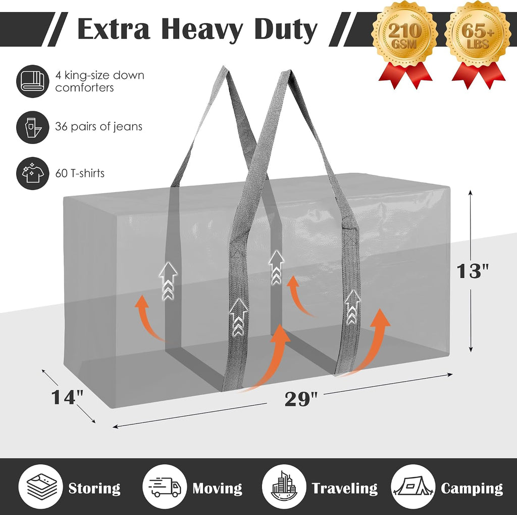 Paquete de 6 bolsas de mudanza con cremallera lateral completamente abierta, extra grandes de 93 L, resistentes al agua, plegables para almacenamiento para dormitorio universitario, mudanza y organización del hogar, color gris