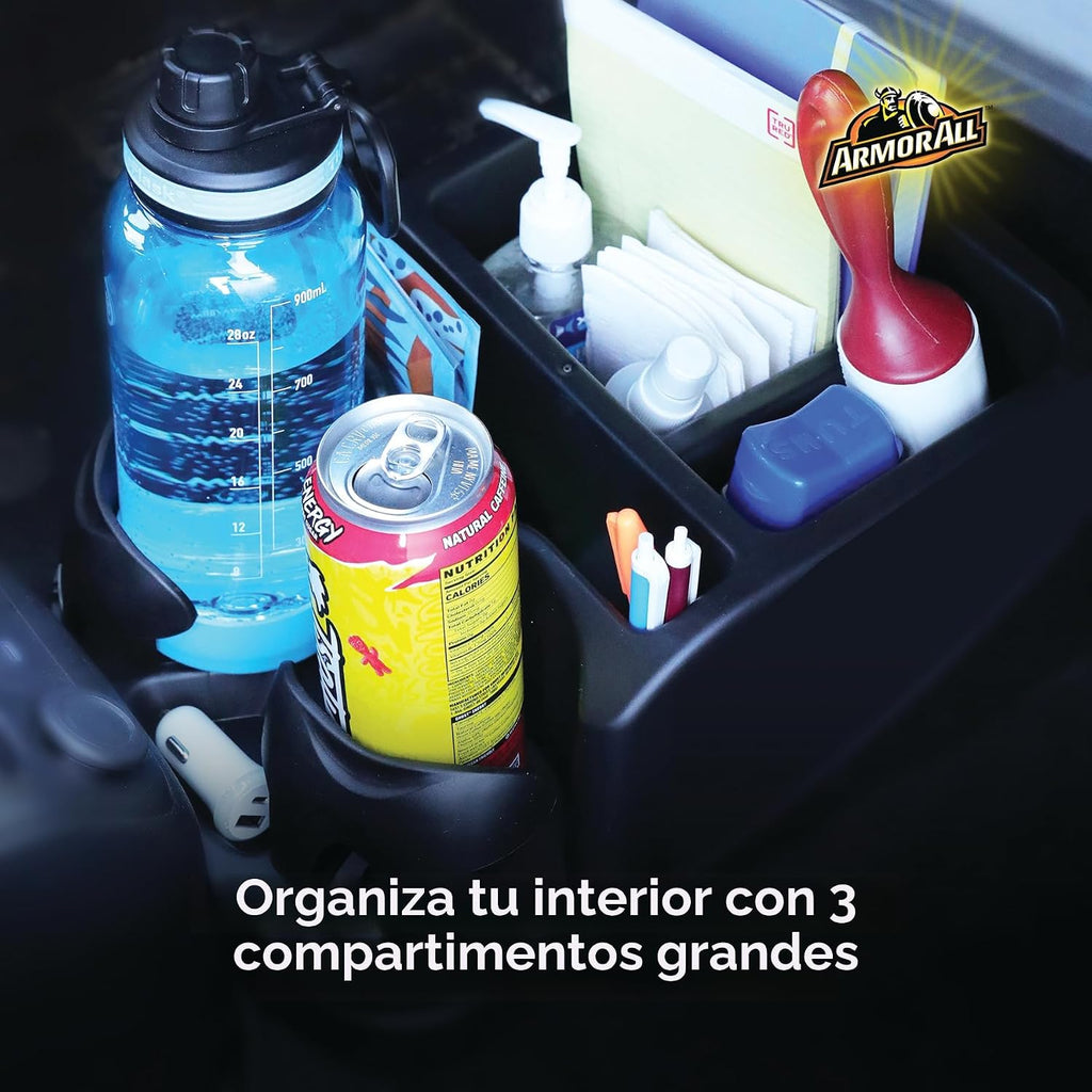 Armor All Organizador de consola de automóvil, organizador de asiento de automóvil con 2 portavasos ajustables, 3 compartimentos de almacenamiento grandes, cinturón de seguridad para sujeción segura