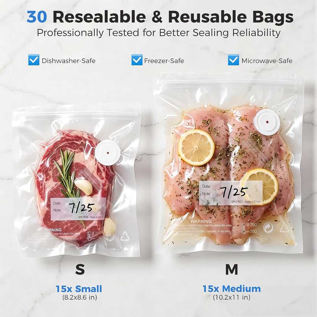 Selladora de Al vacío de Manos Compacta con 30 Bolsas de Almacenamiento Reutilizables