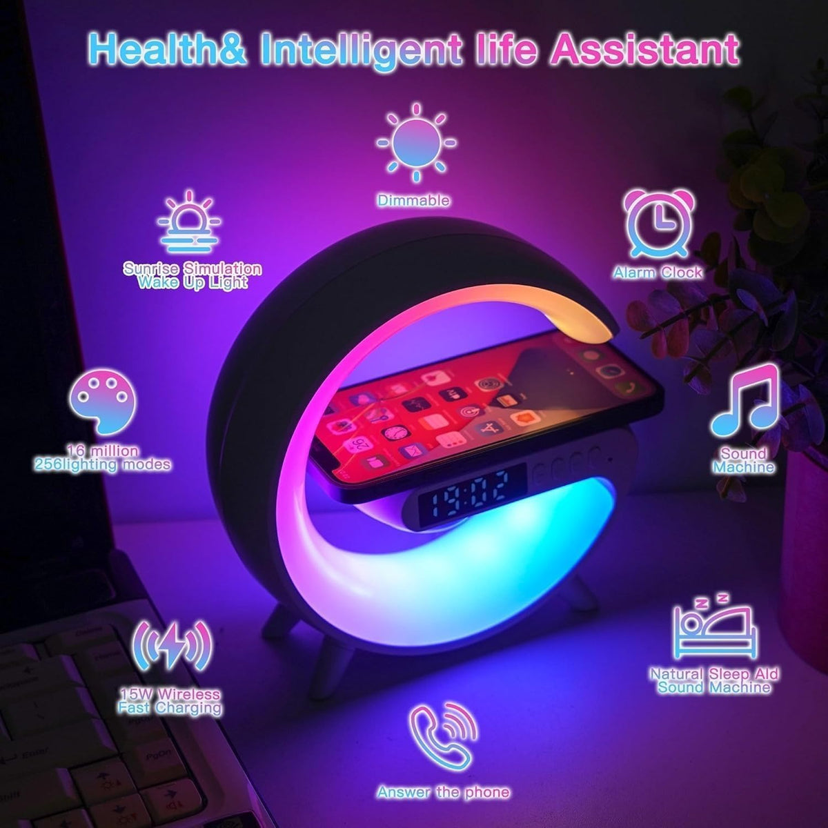 Lámpara Mini altavoz inalámbrico con lámpara Bluetooth, lámpara de ambiente, carga inalámbrica, reloj despertador, lámpara de mesa LED inteligente, luz nocturna, regalos de cumpleaños para niñas y niños de 4 a 12 años (negro)
