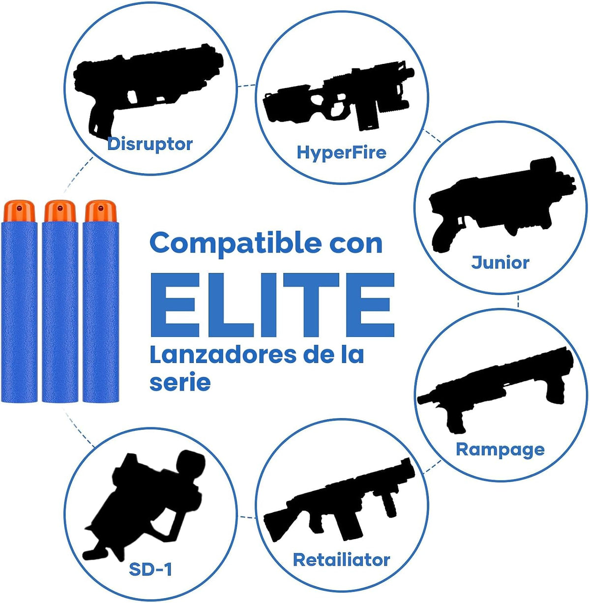 300 dardos para lanzadores Nerf Elite, compatibles con disruptor, Strongarm, etc. Elite, con un objetivo para Nerf Blasters, azul, 0.4 pulgadas