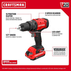 CRAFTSMAN V20 Cordless Drill Set y Impact Driver, Includes 2Ah Battery y Charger, Power Tool Set con 1700 RPM 1/2 en. Power Drill, 1800 Torque 1/4 en. Impact Screwdriver, LED (CMCK201D1)
