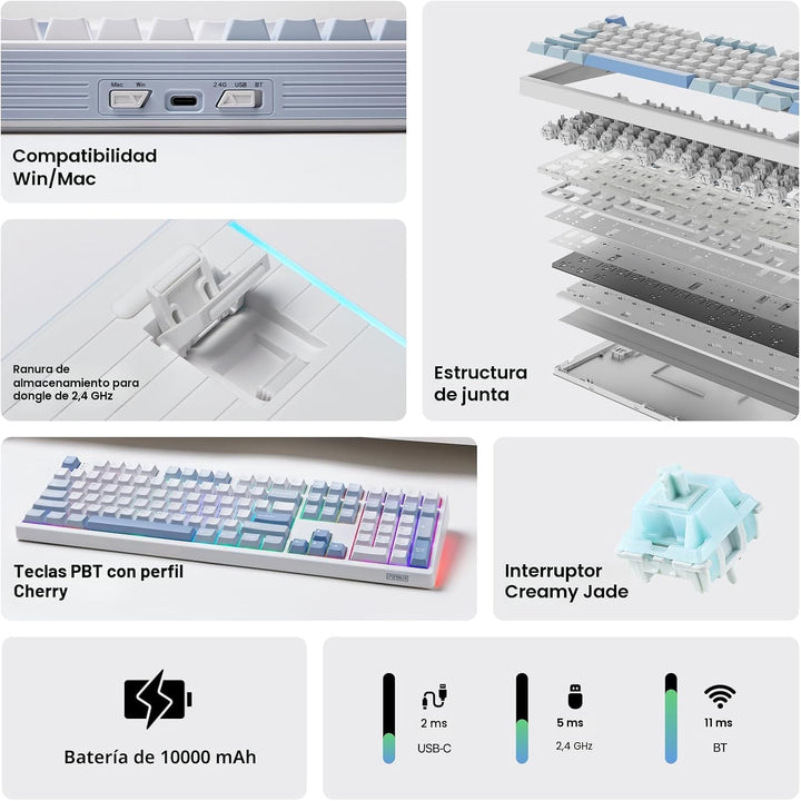 EPOMAKER TH108 Teclado mecánico de tamaño completo, teclado inalámb...