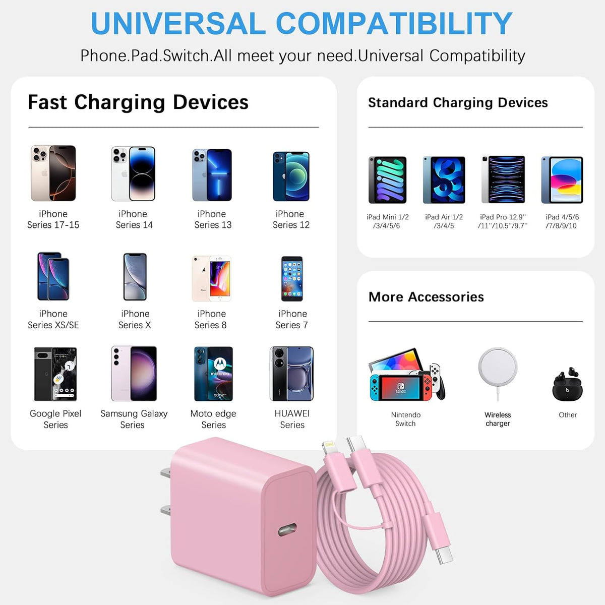 Cargador de carga rápida para iPhone 17, 16, 15, paquete de 3 cargadores USB C, cable Lightning de 6 pies y cable USB C tipo C para iPhone 17/17 Plus/17 Pro Max/Air/16/16 Plus/16 Max/15 Pro Max/14 Max