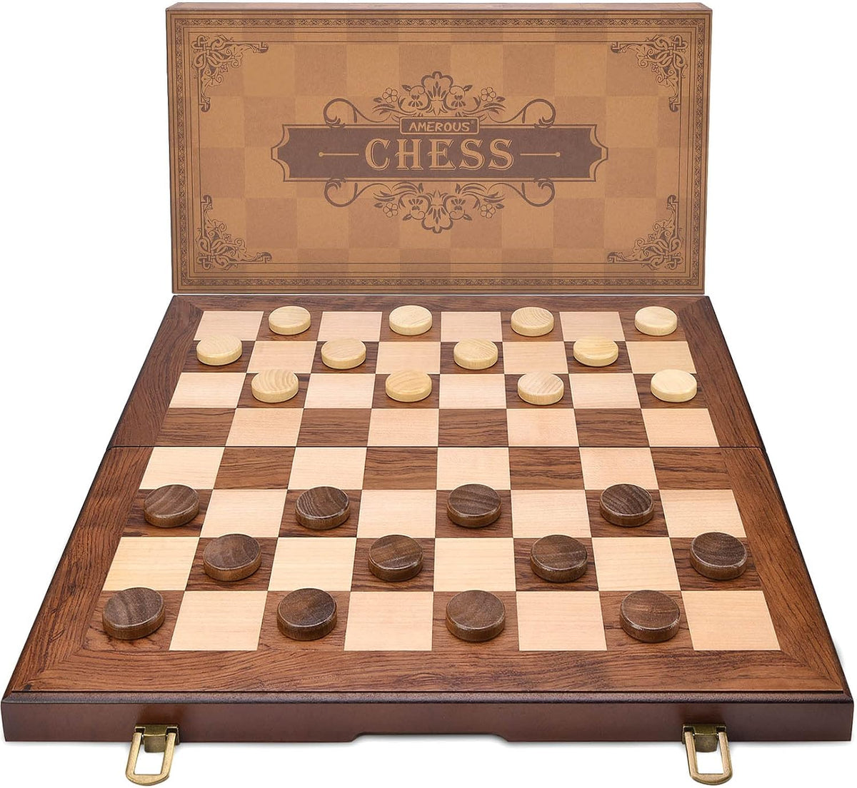 AMEROUS Juego de ajedrez y damas de madera con piezas de ajedrez ponderadas mejoradas, juegos de mesa de ajedrez de 15 pulgadas (2 en 1) para niños, adultos con 2 reinas adicionales/24 piezas de animadores/paquete de regalo