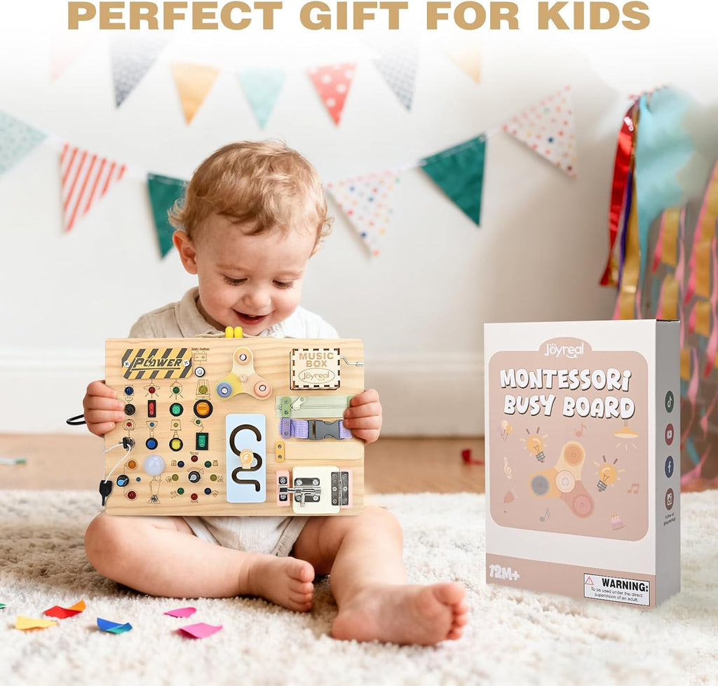 Joyreal Tablero Montessori de madera para niños pequeños, tablero de actividades sensoriales con luces LED, caja de música y cerraduras, juguete educativo de aprendizaje para niños y niñas