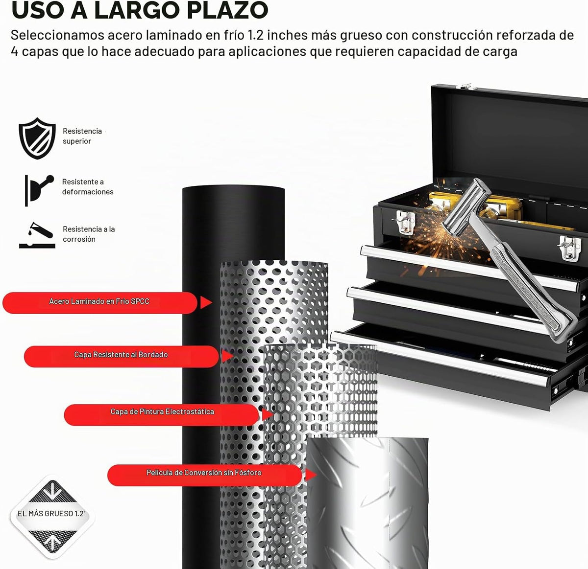 Caja de herramientas portátil de metal con 3 cajones, caja de herramientas metálica portátil con forros EVC y cierres de pestillo, cofre de herramientas de acero resistente con apertura de