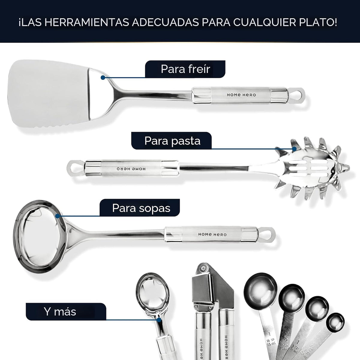 Home Hero Juego de utensilios de cocina de acero inoxidable de 54 piezas, utensilios de cocina antiadherentes resistentes al calor de silicona y acero inoxidable, herramientas completas con cuchara