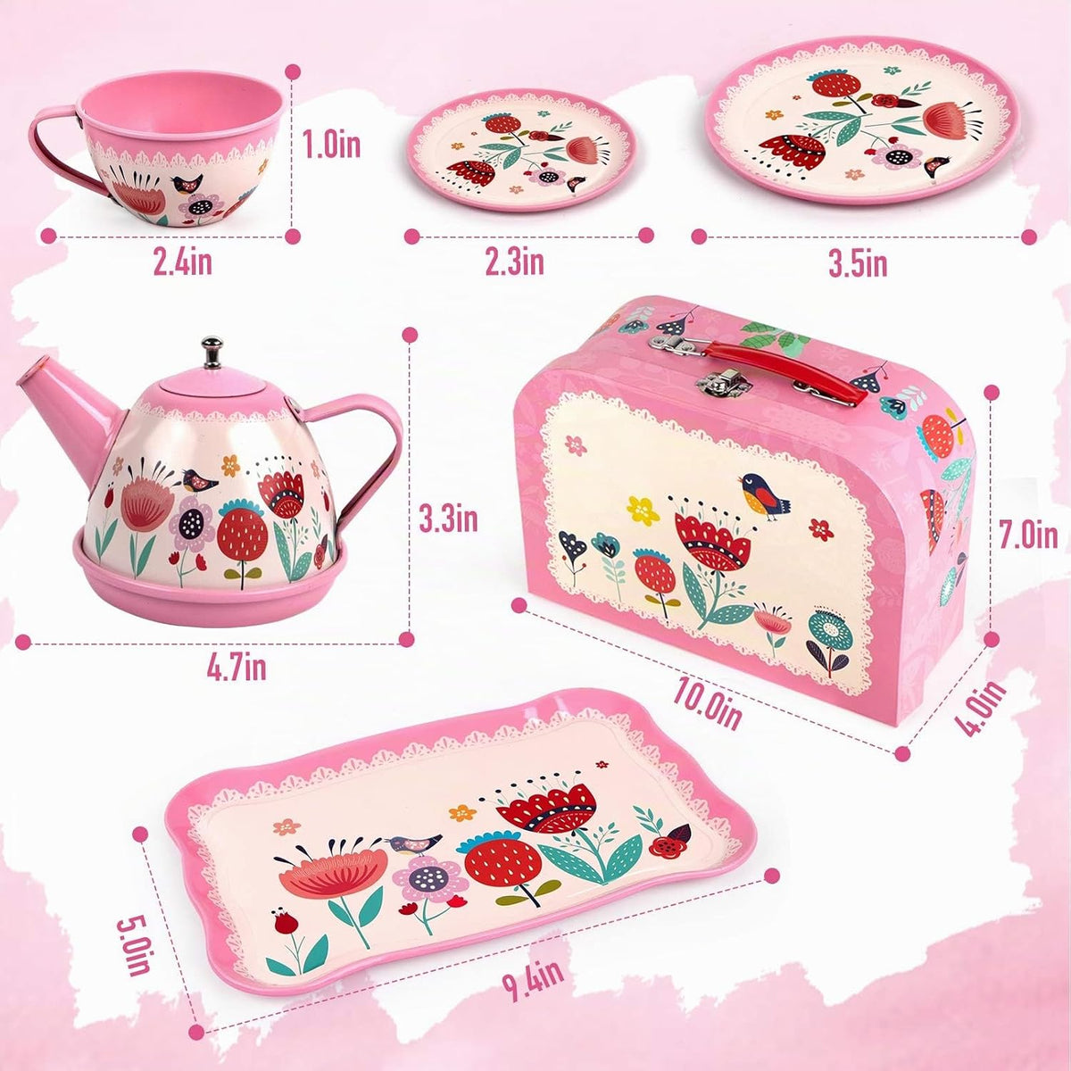 D-FantiX Juego de té para niñas pequeñas, 15 piezas, juego de té de lata