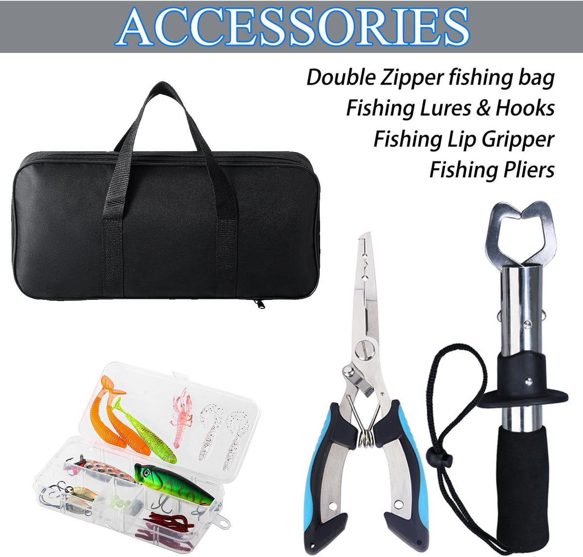 Tripquips Combo de caña de pescar y carrete con red de pesca, kit de caña de pescar telescópica de 6.9 pies con alicates de pesca, agarre de labios, señuelos de pesca, combo de carrete giratorio
