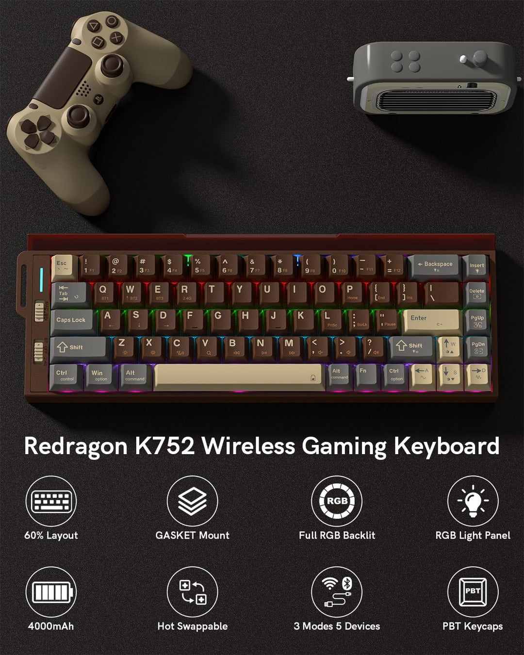 Redragon Teclado mecánico inalámbrico K752, 60% de montaje en junta...