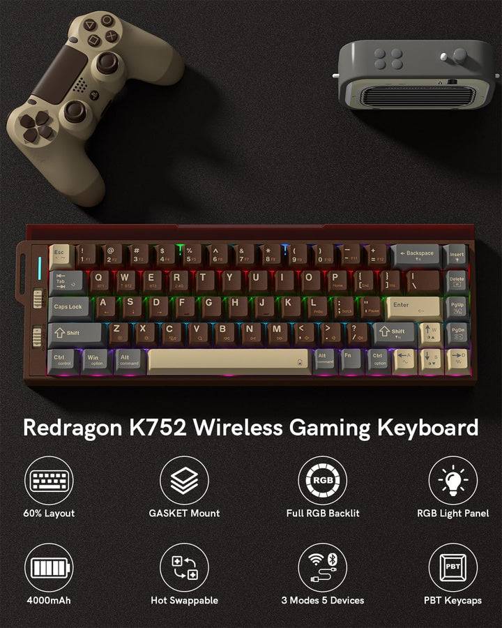 Redragon Teclado mecánico inalámbrico K752, 60% de montaje en junta...