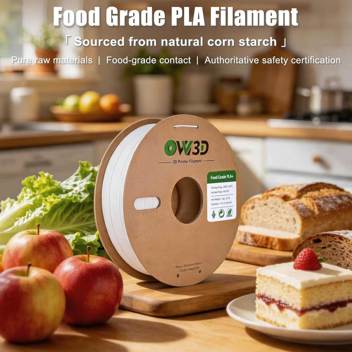 OVV3D Filamento PLA seguro para alimentos de 0.07 in, 2.2 lbs PLA+...