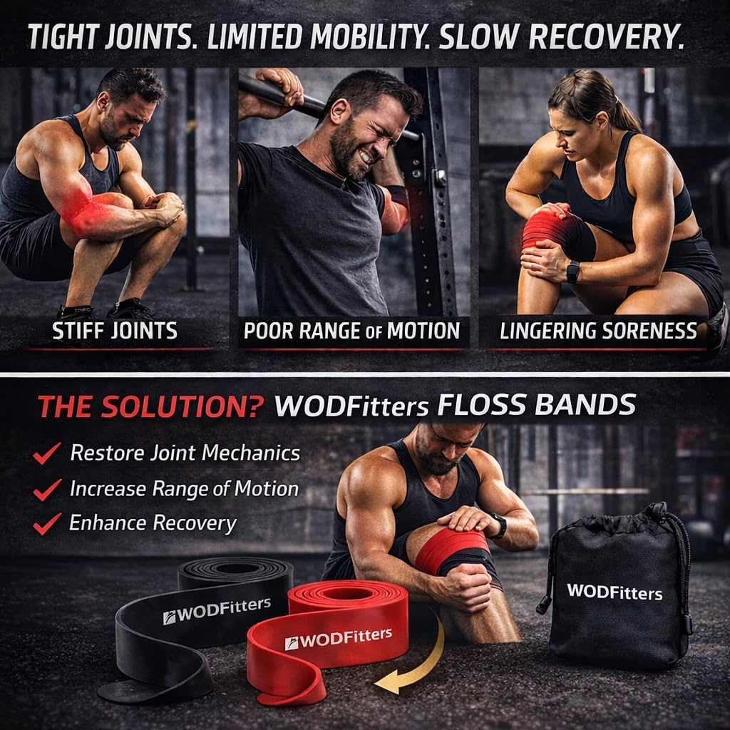 WODFitters Bandas de hilo dental para compresión muscular y hilo dental, movilidad y recuperación WODs - Última tecnología - Paquete de 2 con bolsa de transporte