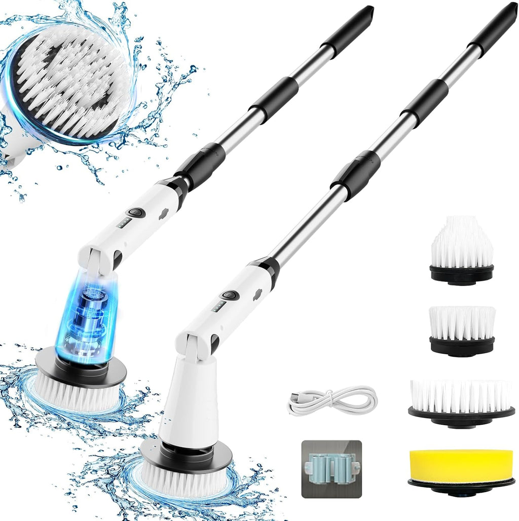 Limpiador eléctrico giratorio, limpiador de baño, cepillo de limpieza de ducha eléctrico con mango extensible y 4 cabezales de cepillo, limpiador de ducha para bañera, azulejos, lechada, cocina