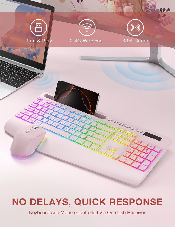 Combo de teclado y mouse inalámbricos, 9 efectos retroiluminados, r...