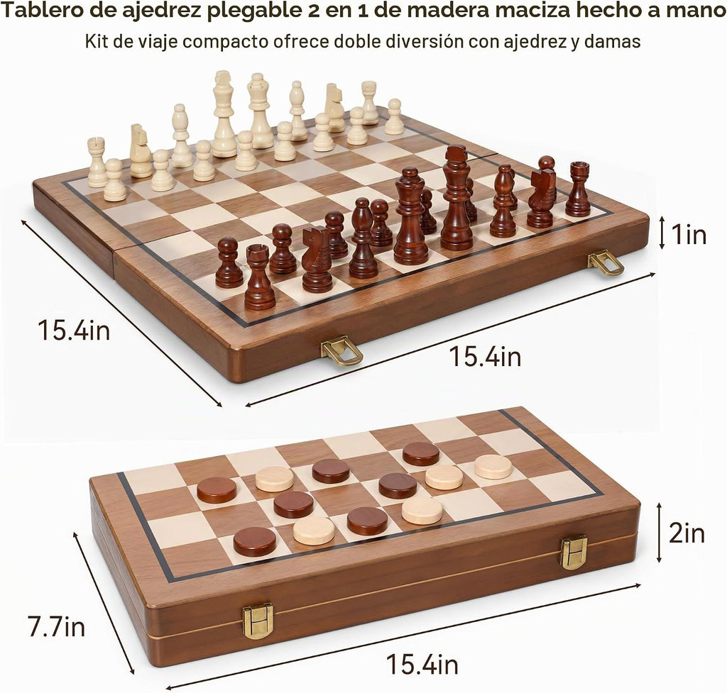 Hvygss - Tablero magnético de ajedrez de 15 pulgadas, juego de ajedrez de madera plegable con damas, piezas hechas a mano con 2 reinas adicionales, juego de mesa de viaje portátil para niños de 6 años
